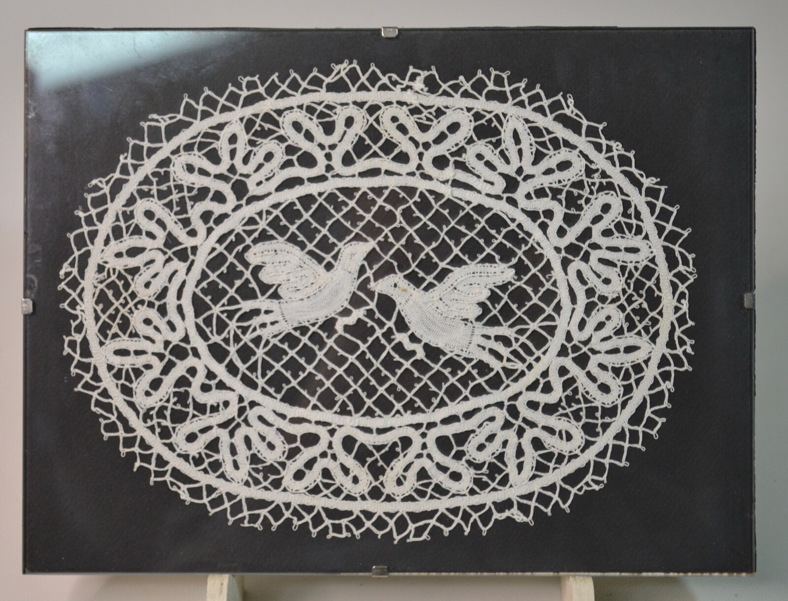 Vintage Belgium Lace Brussels 2 Doves Behind Glass 9.5" X 7" 
