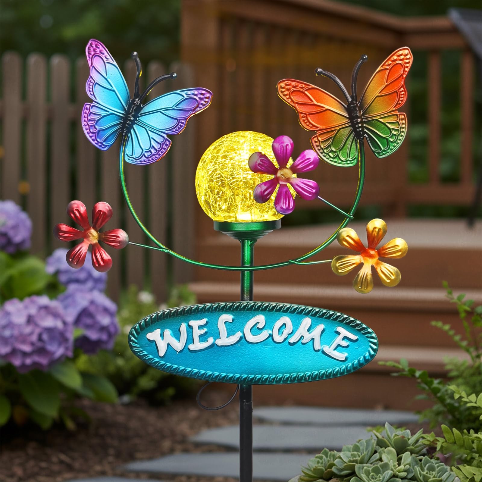 Solar Garden Stakes Metal Welcome Signs for Outside 28.1' - 2 Flying Butterfl...