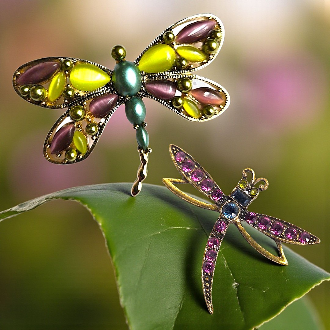 Dragonfly Brooches Purple Green Teal Stones Beads Gold Brass Tone Pins Lot of 2
