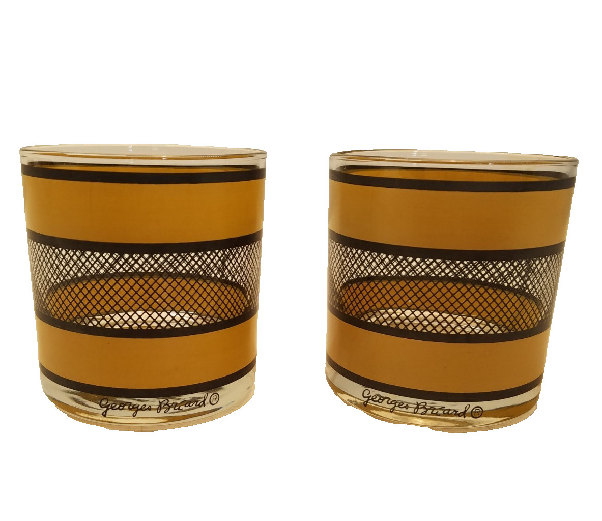 2 Georges Briard MCM Striped Lowball Old Fashion Glasses Vintage Barware 3974