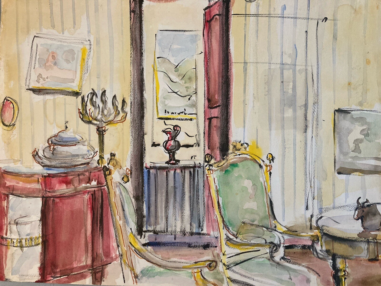 Belle Painting 1950 Paper Watercolour Interior Bourgeois Home Art Living Room