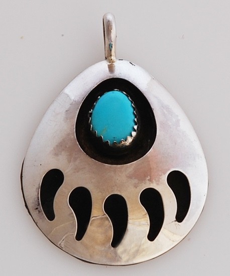 Native American Navajo Handmade Sterling Silver with Turquoise Bear Paw Pendant