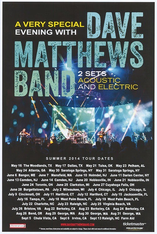 Dave Matthews Band Poster A Very Special Evening 2014 Summer 12x8in Metal Sign