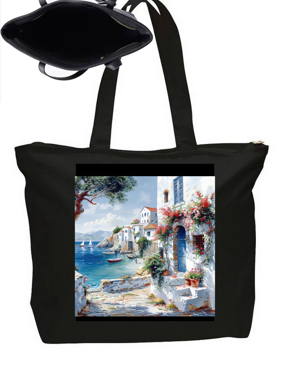 Seaside Ocean Greece Santorini Tote Bag   Zipper Closure Travel Poster Art 20"