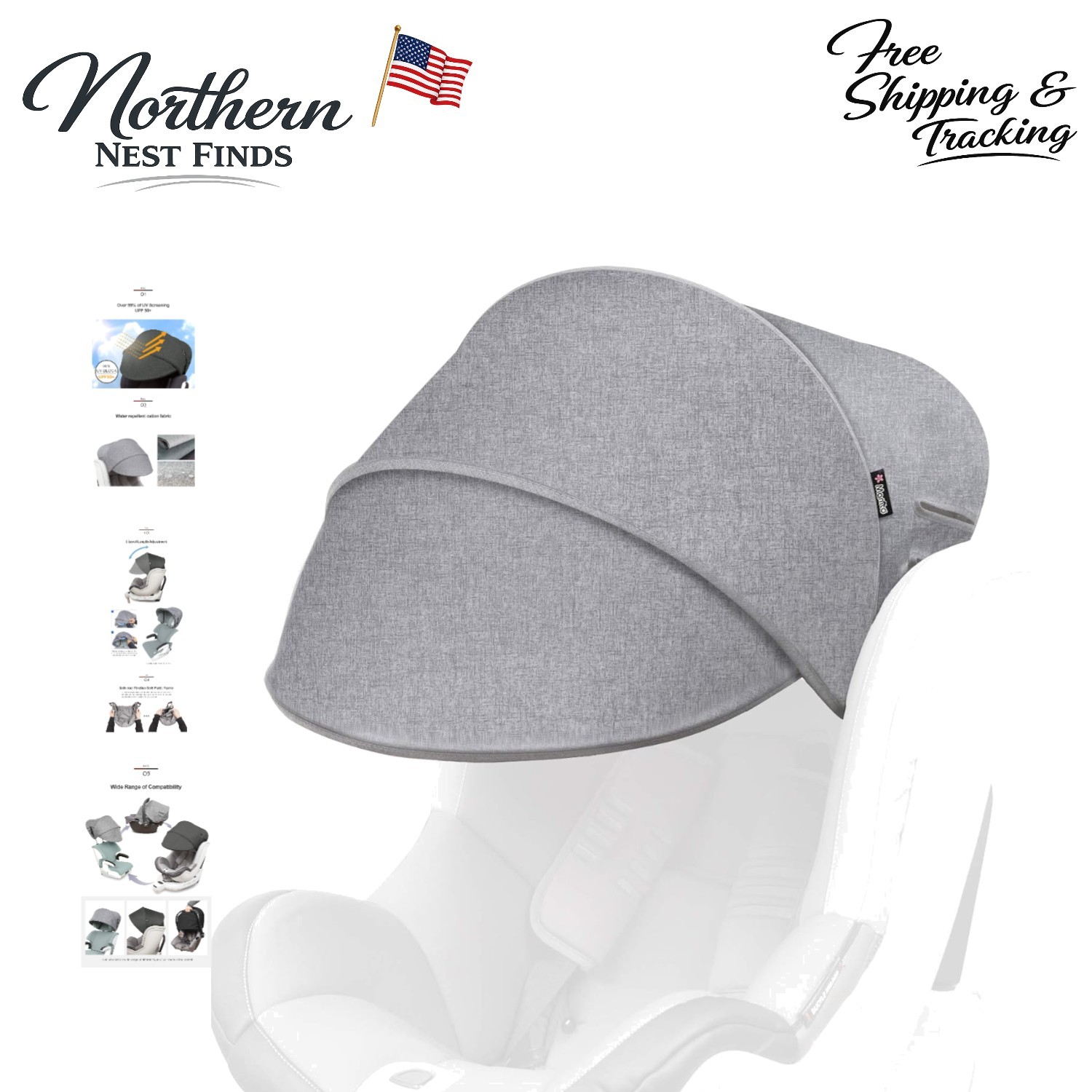 Flexible Auxiliary Car Seat Canopy with 99% UV Protection - Black Grey