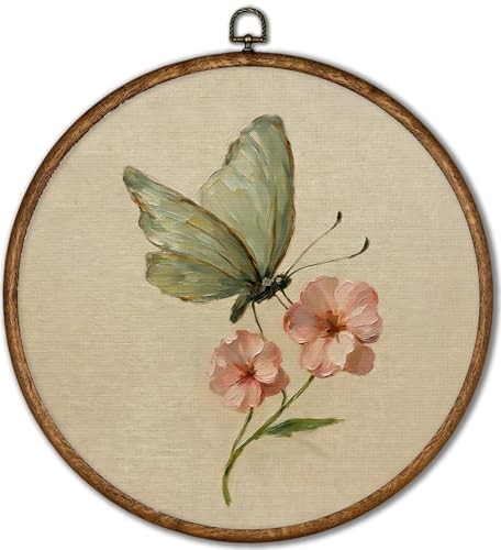 Vintage Framed Wall Art, Spring Round Canvas Prints Home Decor, Butterfly