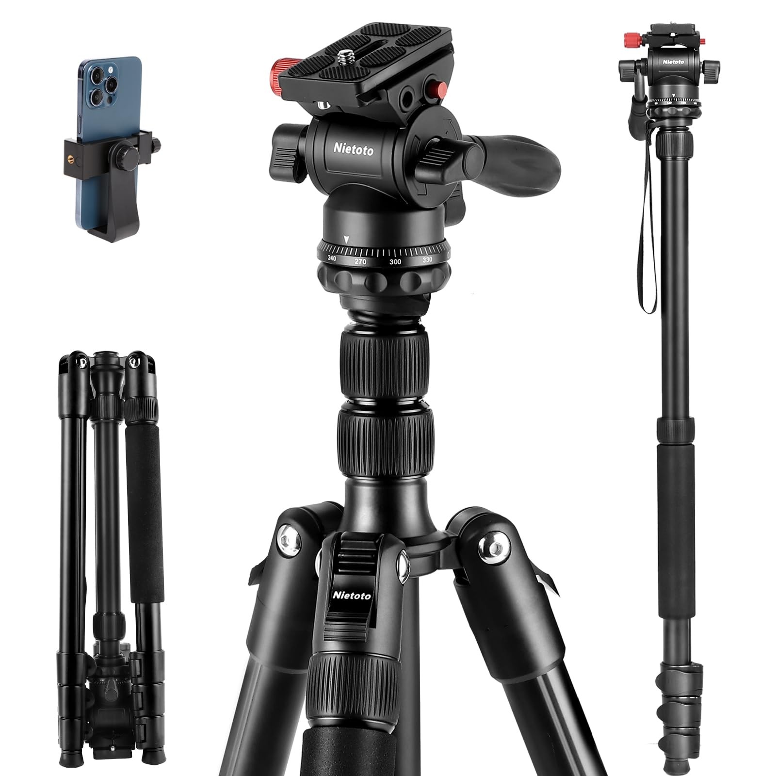 68" Fluid-Head-Camera-Tripod Professional Travel Video Tripod for Camera DSLR