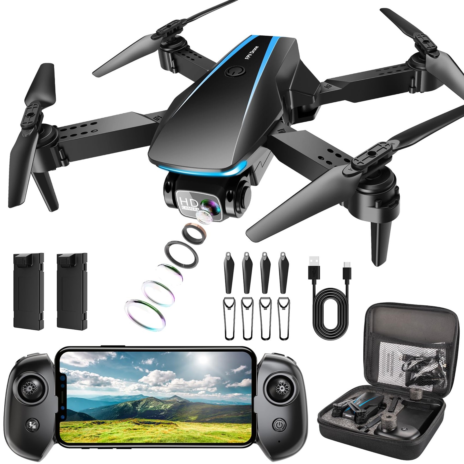 Drone with Camera - Drones for Adults, with 2 Batteries, Carrying Case, Prope...