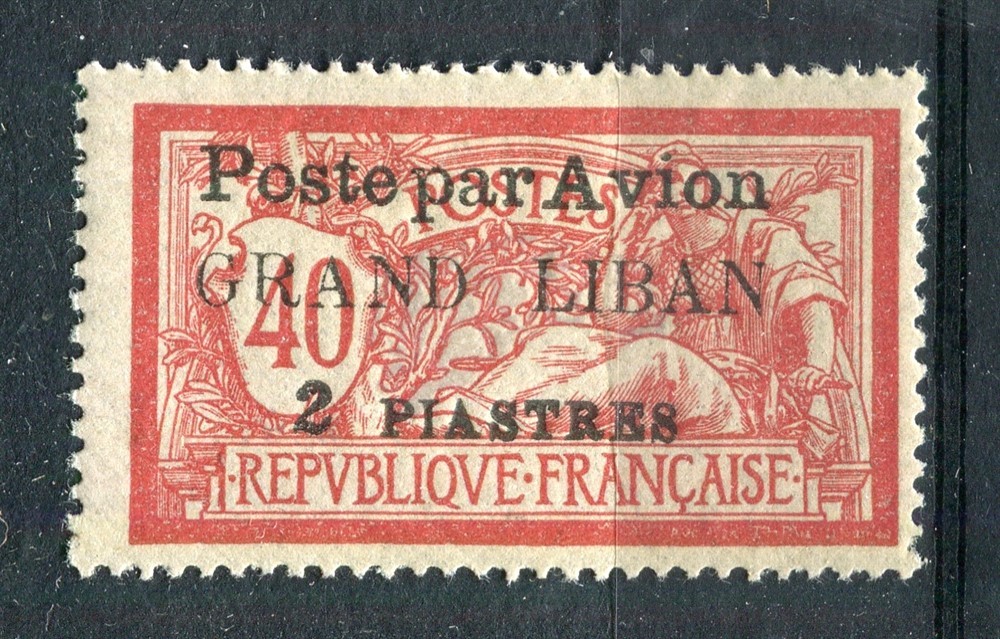 LEBANON; 1924 early Merson AIRMAIL Par Avion surcharged Mint hinged 2Pi. value