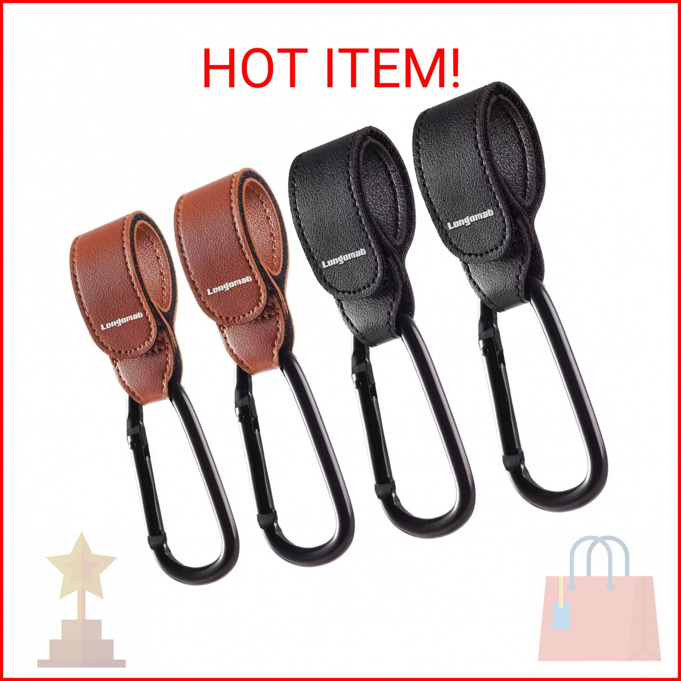 Longomat （4-Pack） Baby Stroller Hooks Clip or Hanging Diaper Bag Universal Hooks
