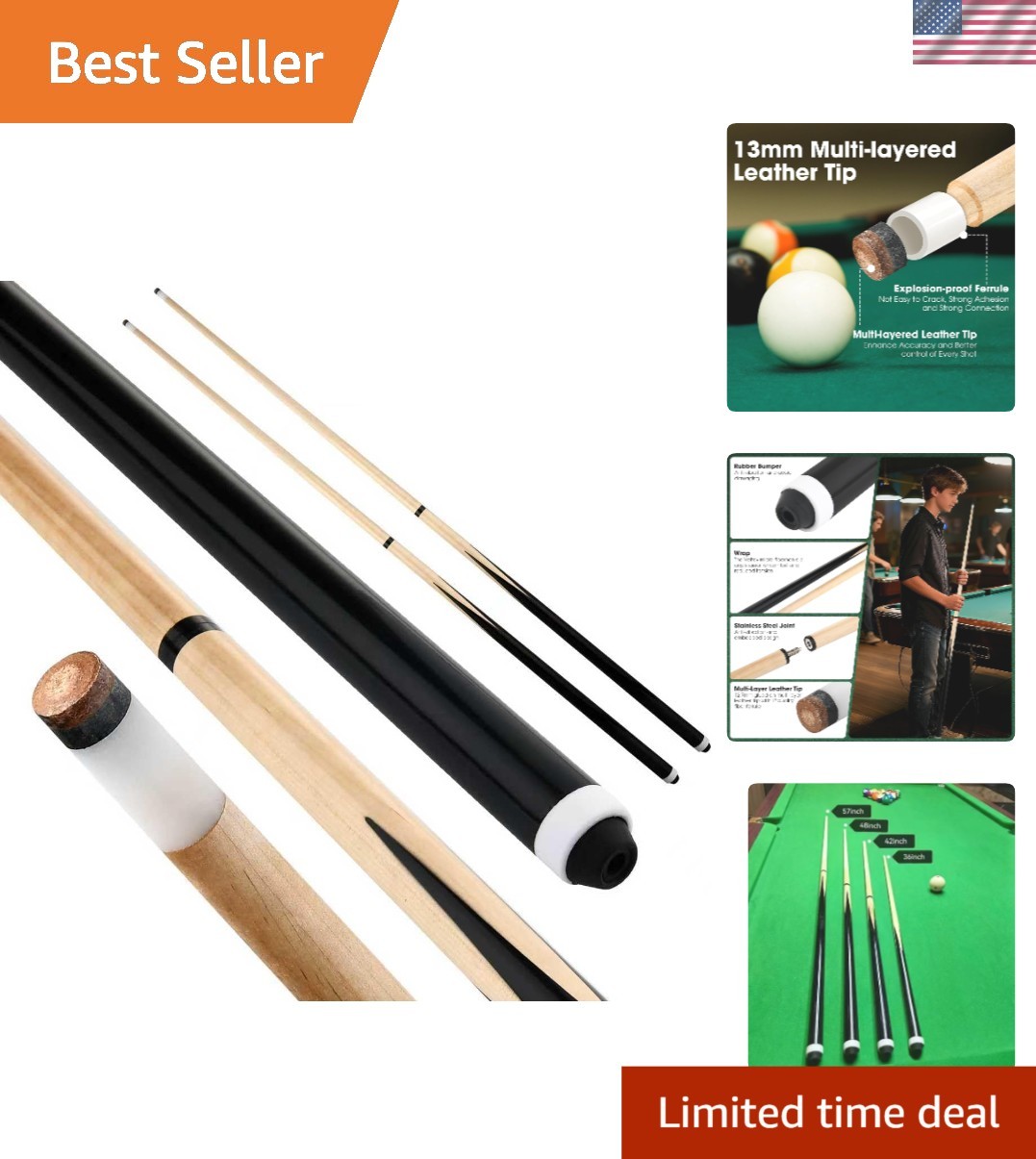 Exceptional 2-Pack Billiard Cue Sticks - 36' & 58' Canadian Maple Wood