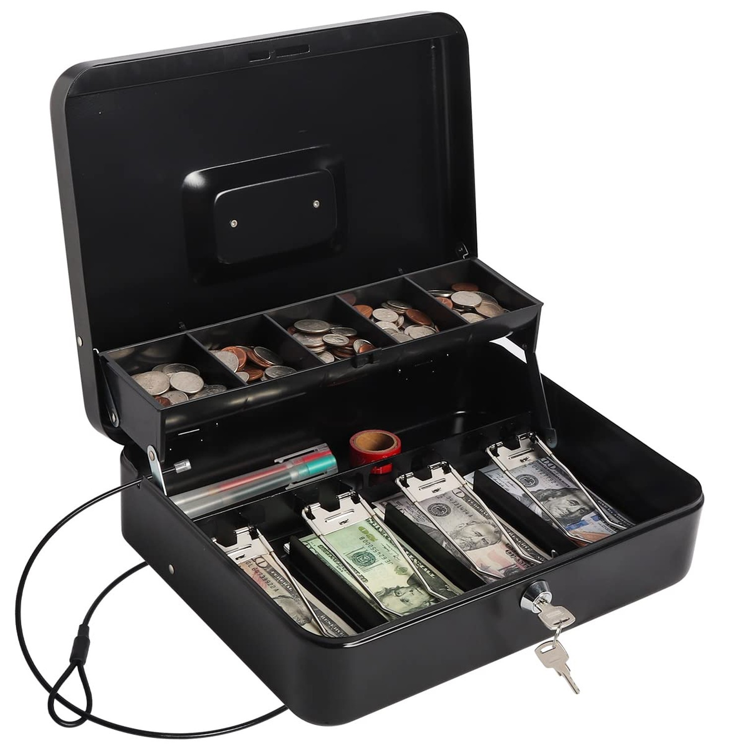 Cash Box with Money Tray and Lock, Large Money Box for Cash, 5 Compartments, ...