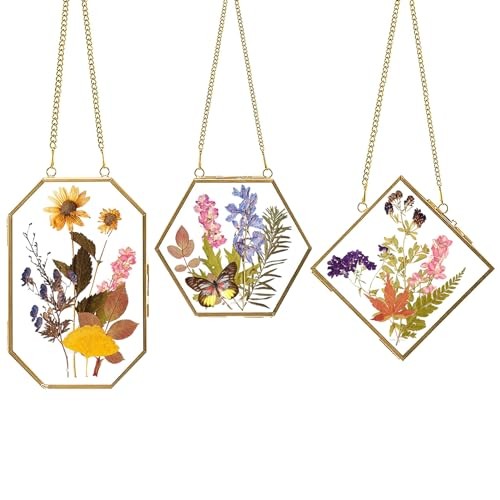  Fun to Make Pressed Flowers Frame - 3 Pcs Sturdy Hanging Golden gold-3 shapes