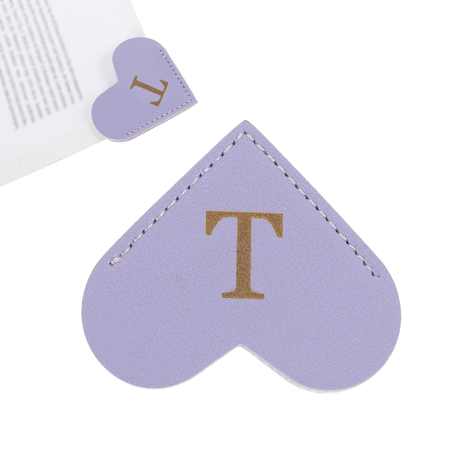 Initial T Corner Bookmarks,  Heart Shape Leather Book Marks Markers, Purple