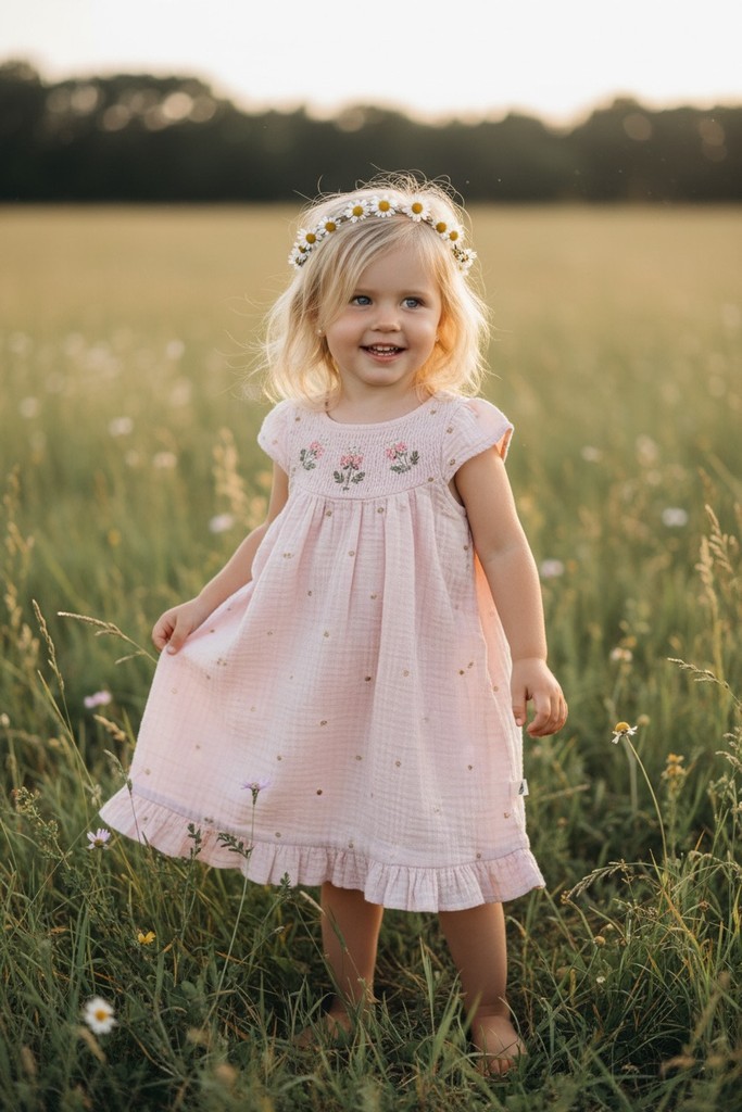 easy-peasy Dress Girls 3T Pink Embroidered Floral Polka Dot Gauze organic cotton