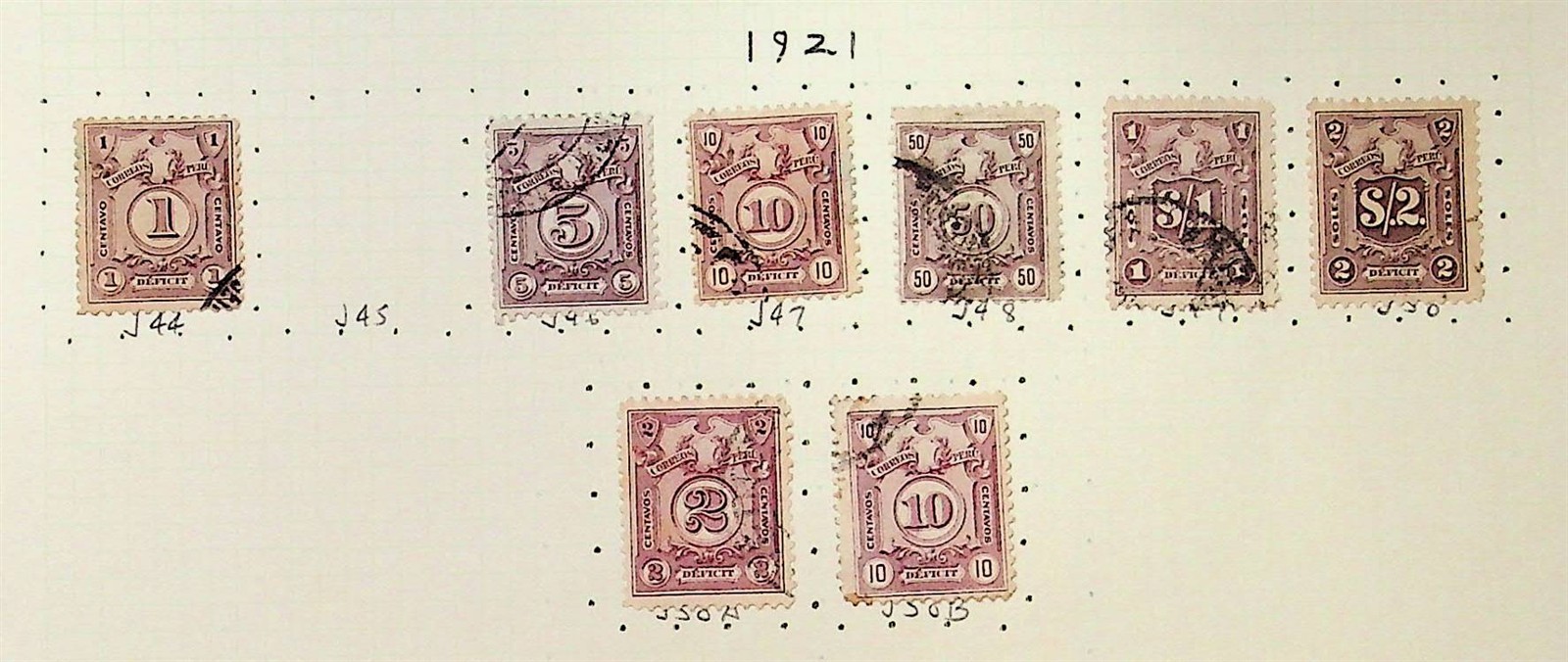 PERU Sc J44/50 USED ISSUE OF 1921 - 8V FROM SET - (RM26)