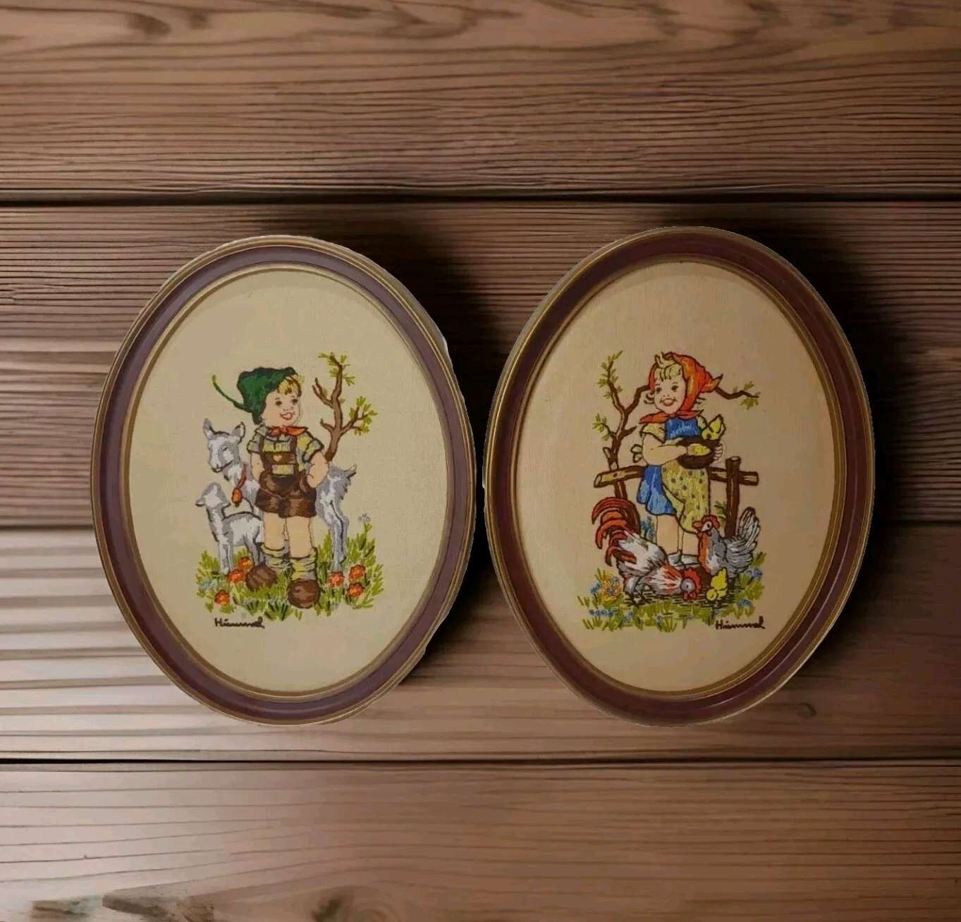 Hummel Framed CROSS STITCH ART 1976 Oval Farm Boy & Girl 12" Vintage Decor 