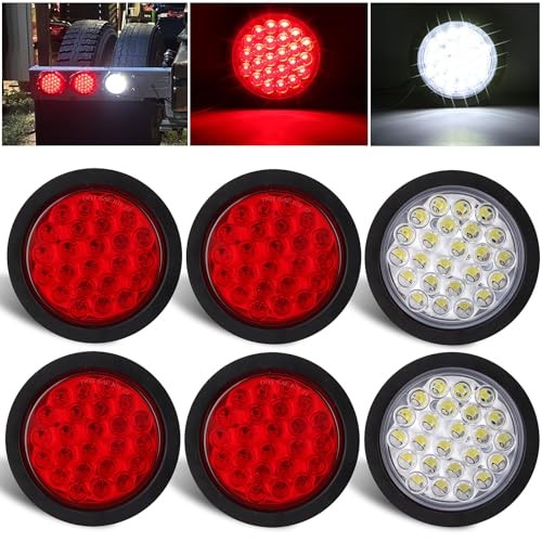 6Pcs 4 Inch Round LED Trailer Tail Lights Kit 24 LEDs Stop Turn Tail Back-up 