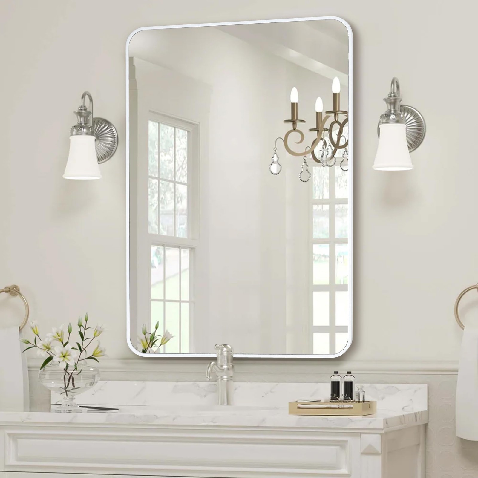 Tanmicoshomy 24x36 White Rectangular Bathroom Wall Vanity Mirror - Tempered Glas