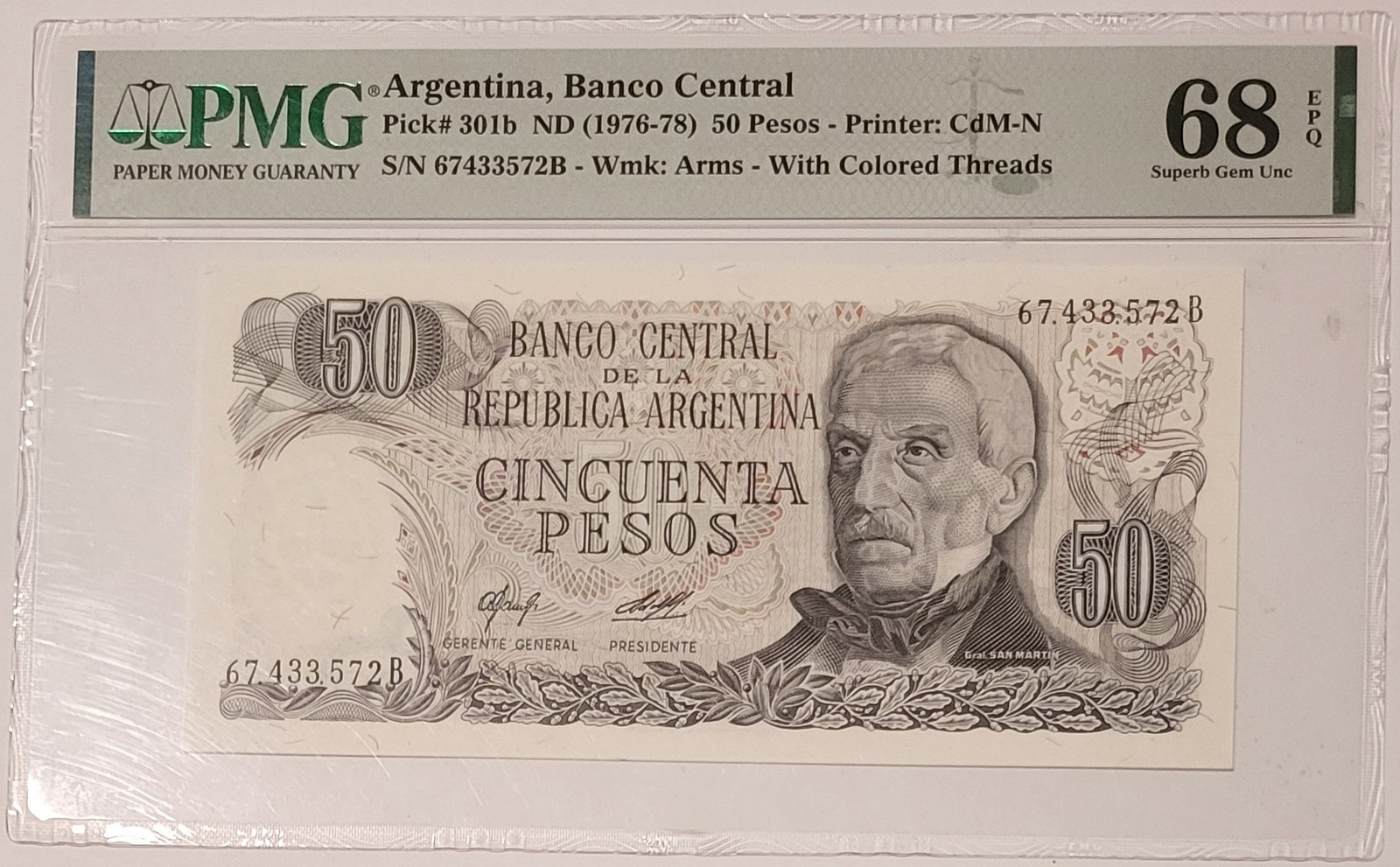 Argentina (1976-78) 50 Pesos Bank Note Superb Gem Unc 68 EPQ PMG