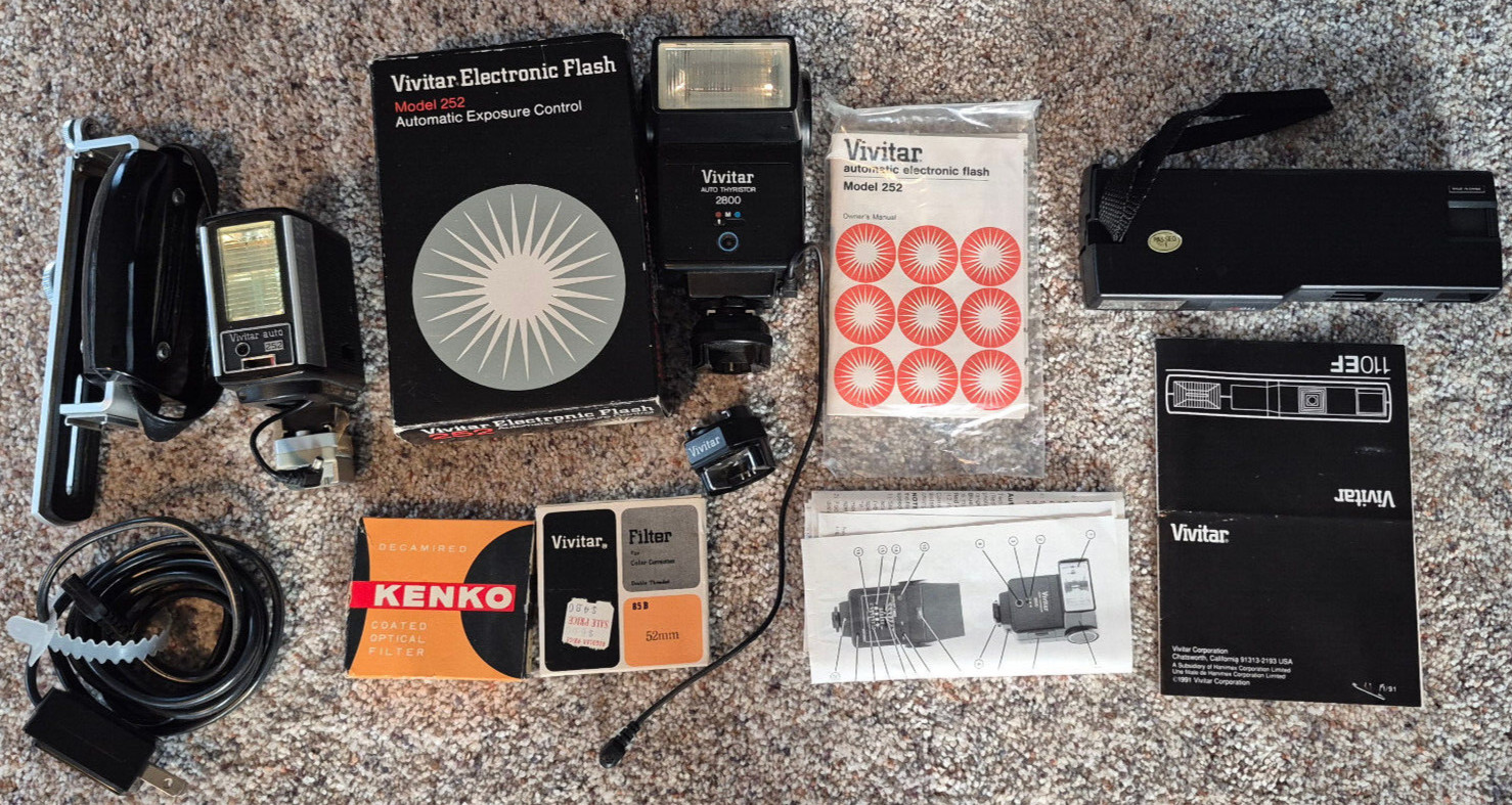 VIVITAR lot  - Electronic flash, auto thyristor, 110EF camera, filter,  and more