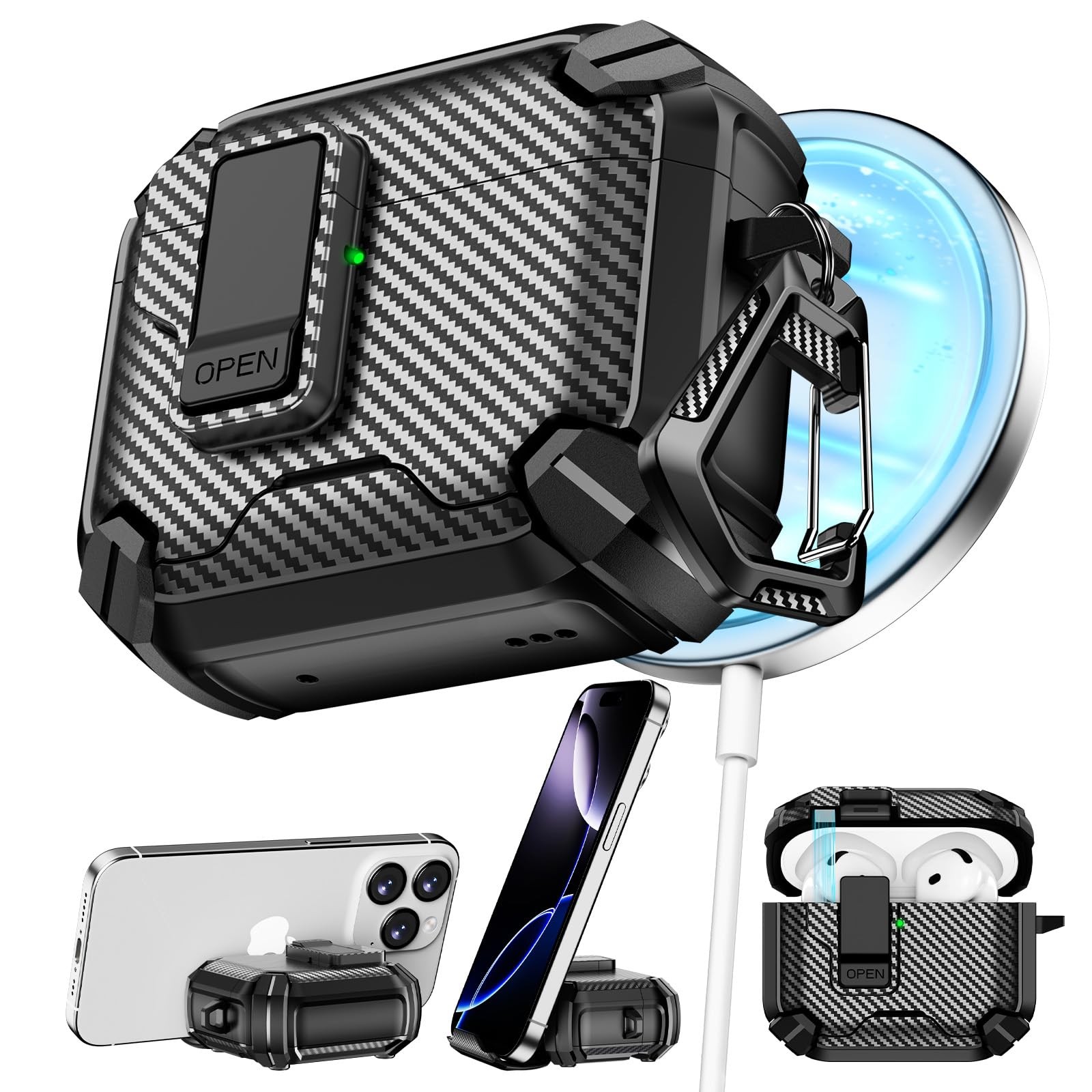 AirPods 4 Compatible Magnetic Case Carbon Fiber Texture Cover Black Pohgelan