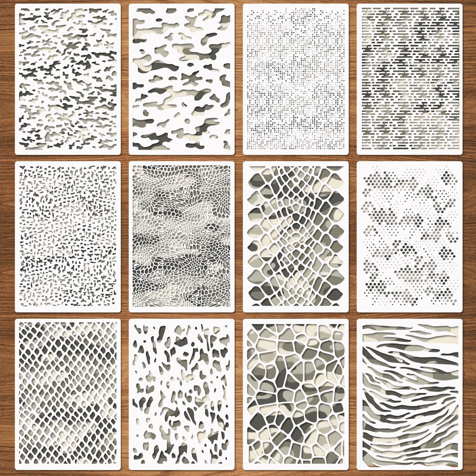 12 Pcs Camo Print Stencils, Large Camouflage Stencils for Spray Paint Reusabl...