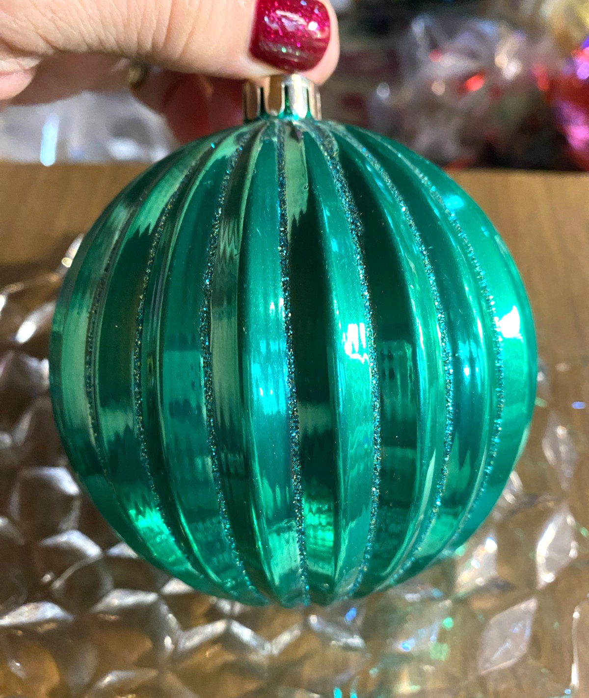 Large Green w Glitter Ribbed Shatterproof Christmas Ornament 3.5"