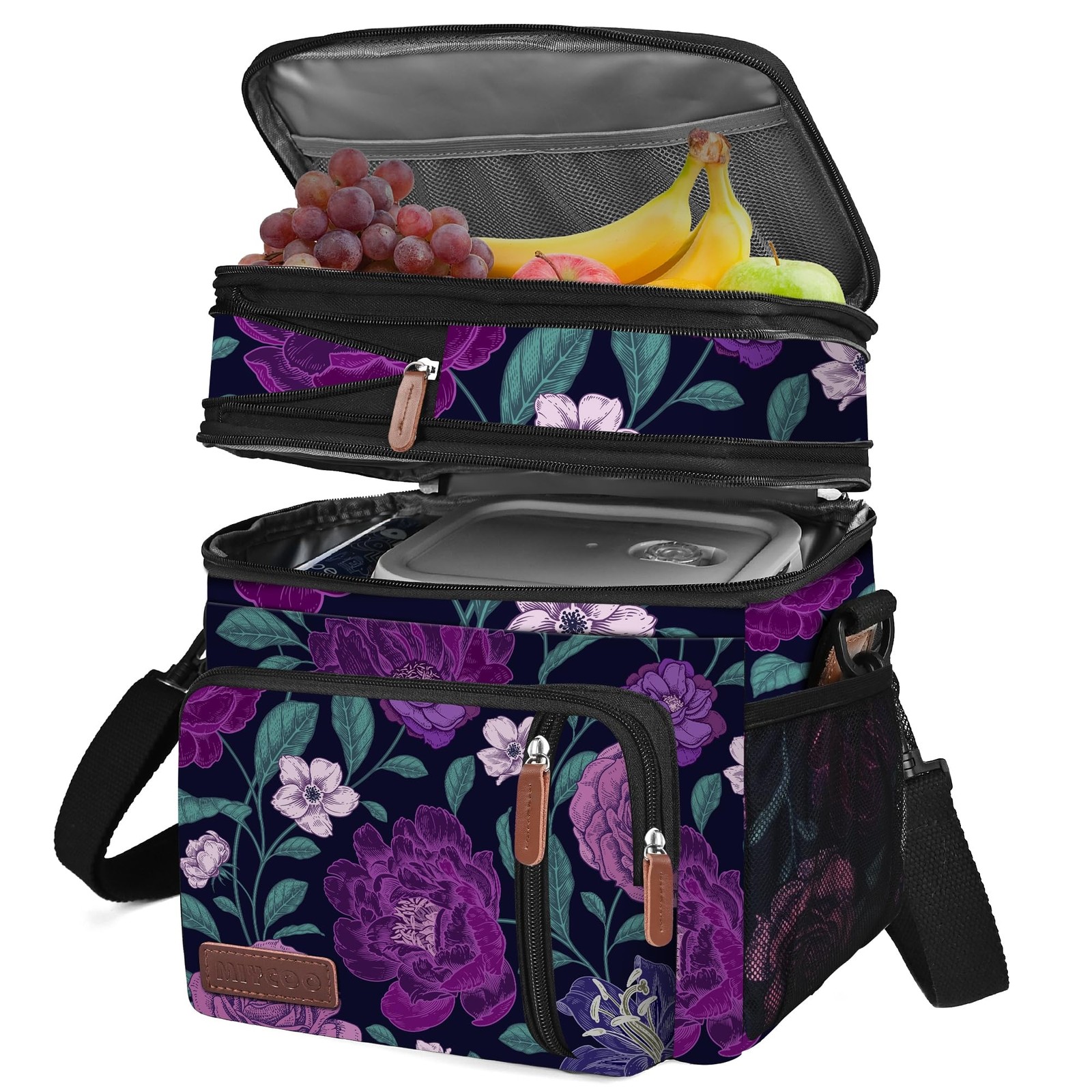 Insulated Soft Large Adult Lunch Bag 15L Purple Flower MIYCOO Women Double Deck