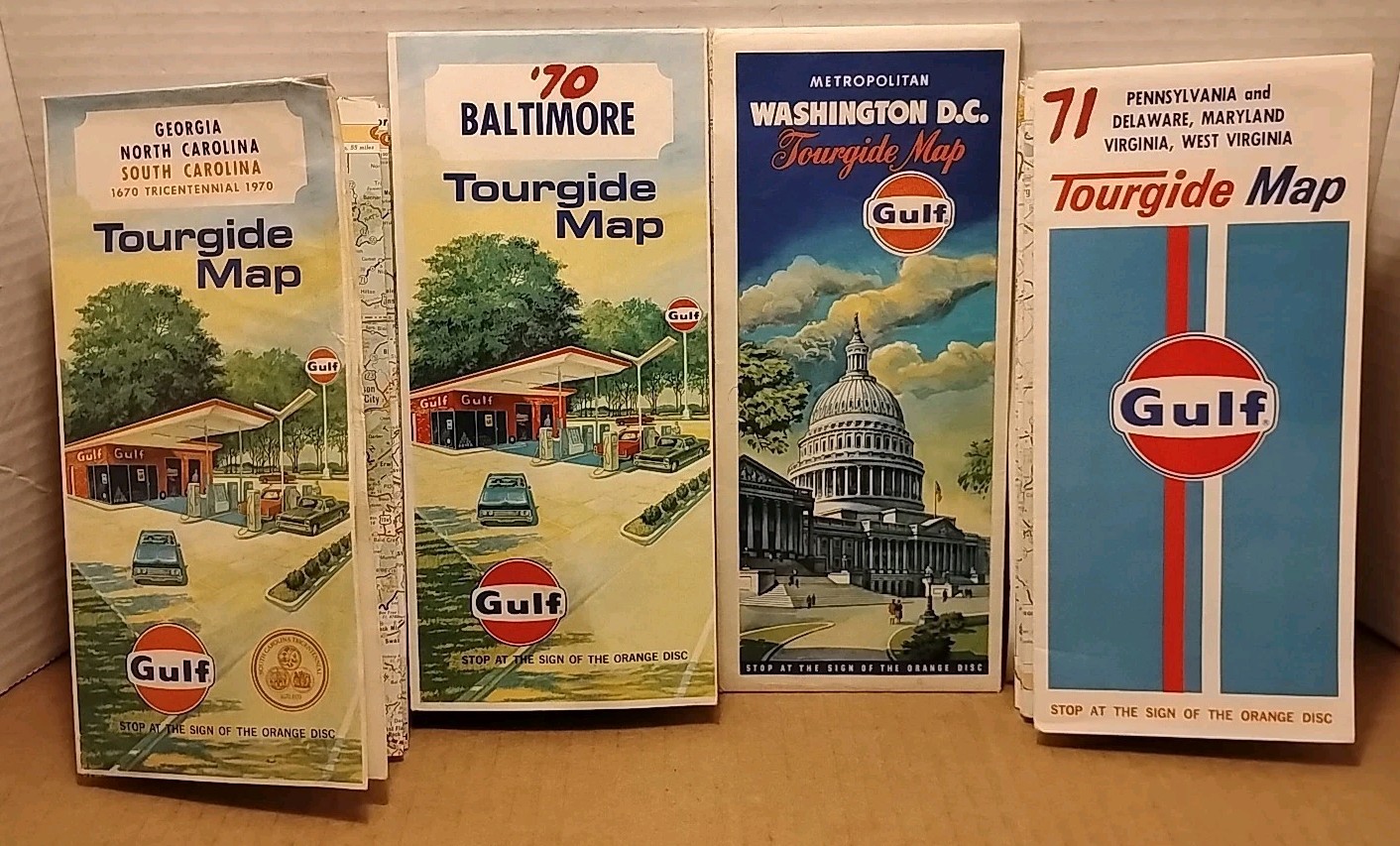 Lot of 4 1970'S GULF Tourgide Maps Washington DC Baltimore PA DE MD VA WV GA NC
