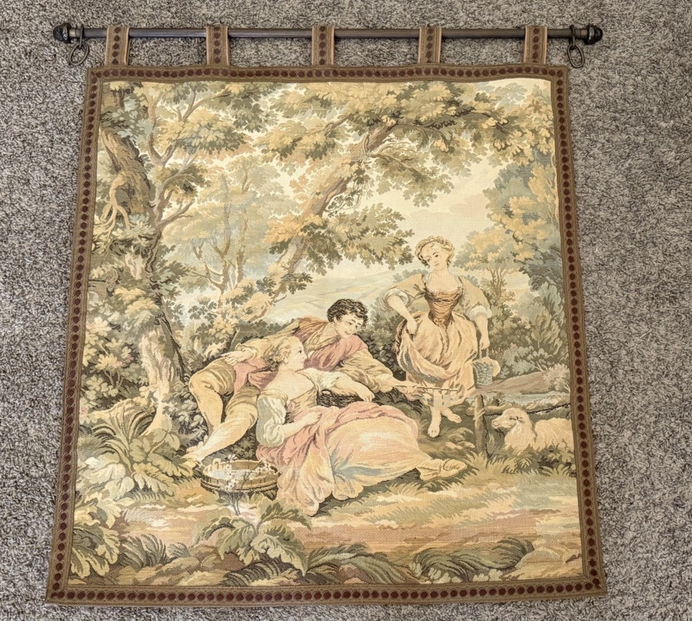 Vintage French Tapestry Wall Hanging Courting Couples in Garden Romantic Style