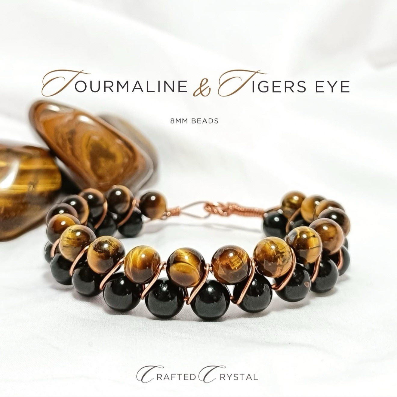 Tiger's Eye Black Tourmaline Bracelet Wire Wrapped Crystal Jewelry, 8mm Beads