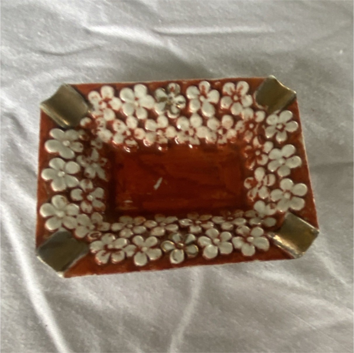 Decorative Floral Ceramic Rectangular Ashtray Japan Orange White Gold Glossy 