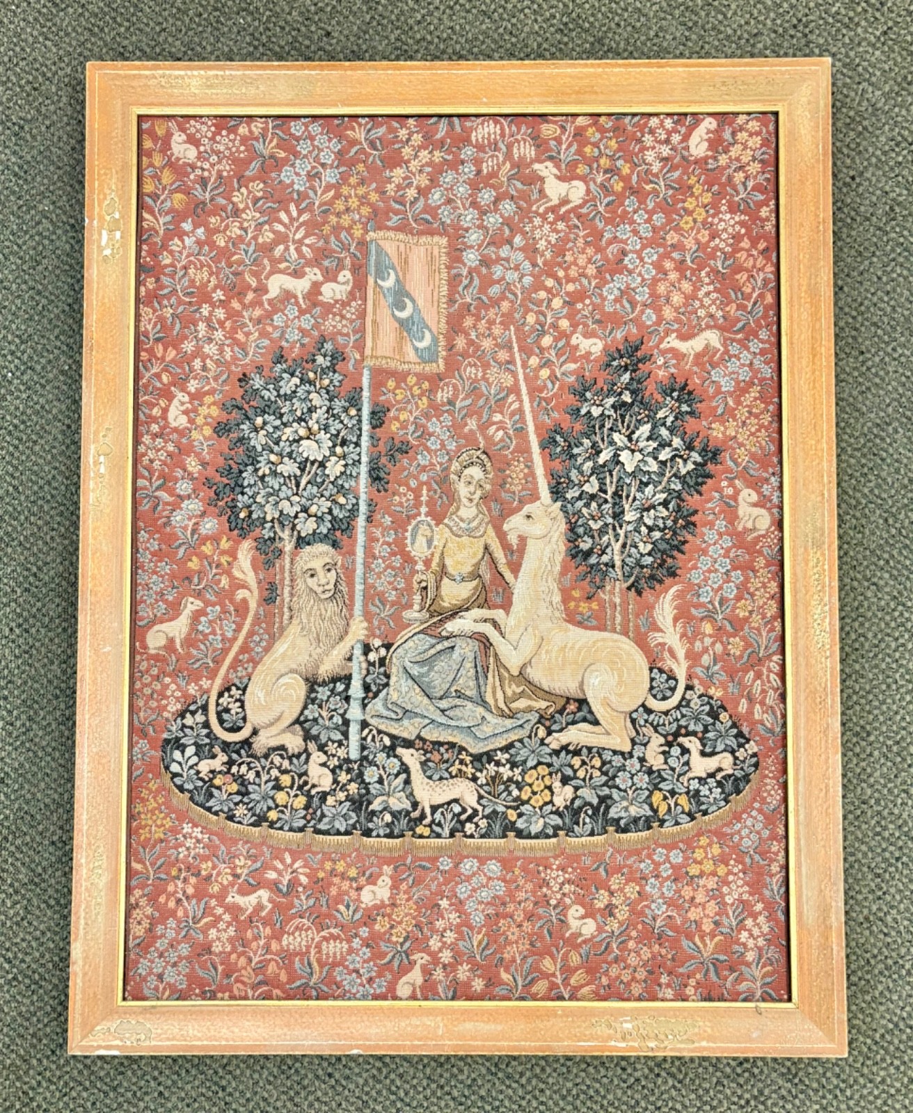 Antique Woven Tapestry 'The Lady with the Unicorn' Wall Art Piece w/ Wood Frame