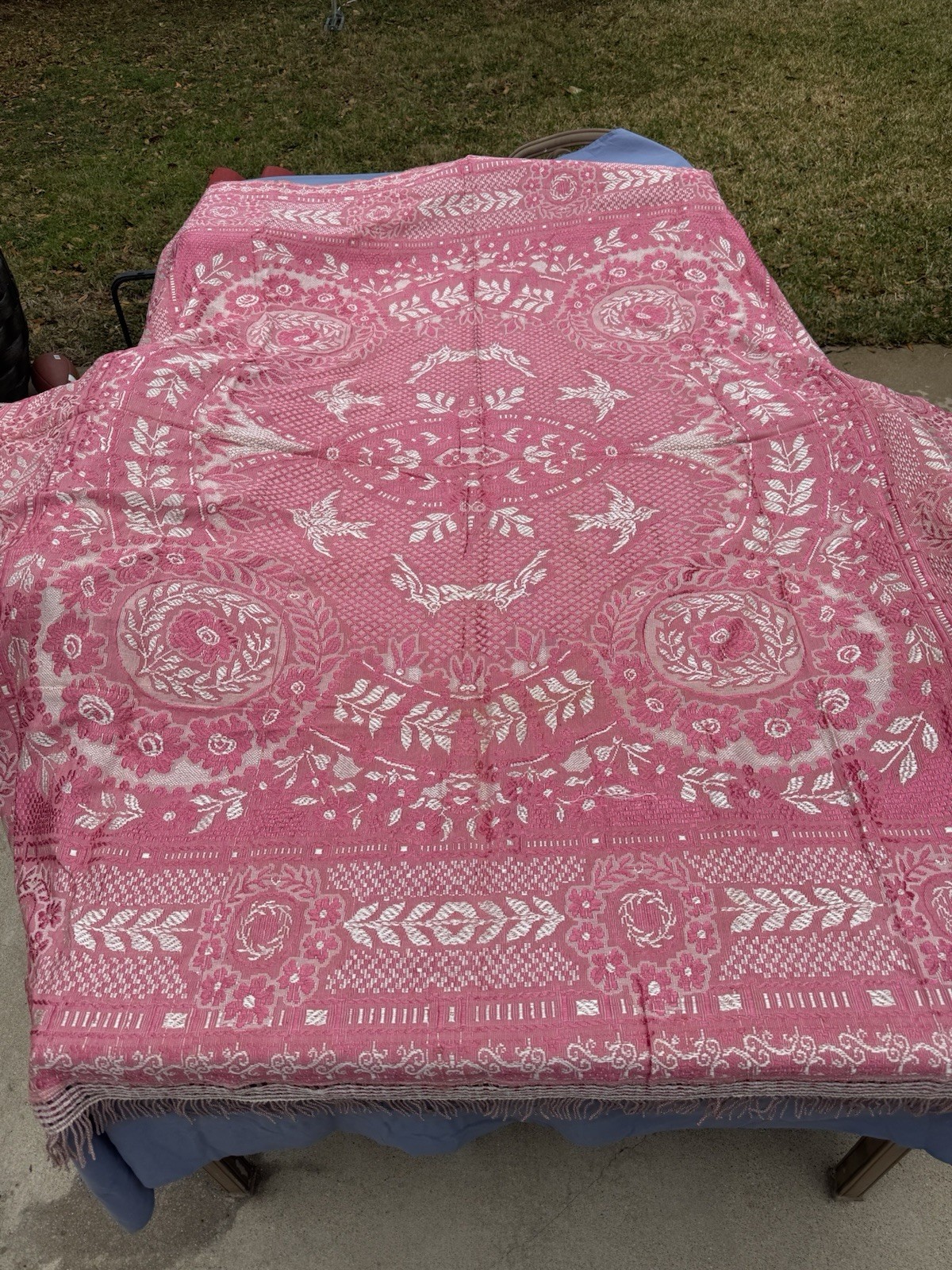 Antique Italian Pink Jacquard Woven Fringed Tapestry Coverlet Bedspread 85”x65”