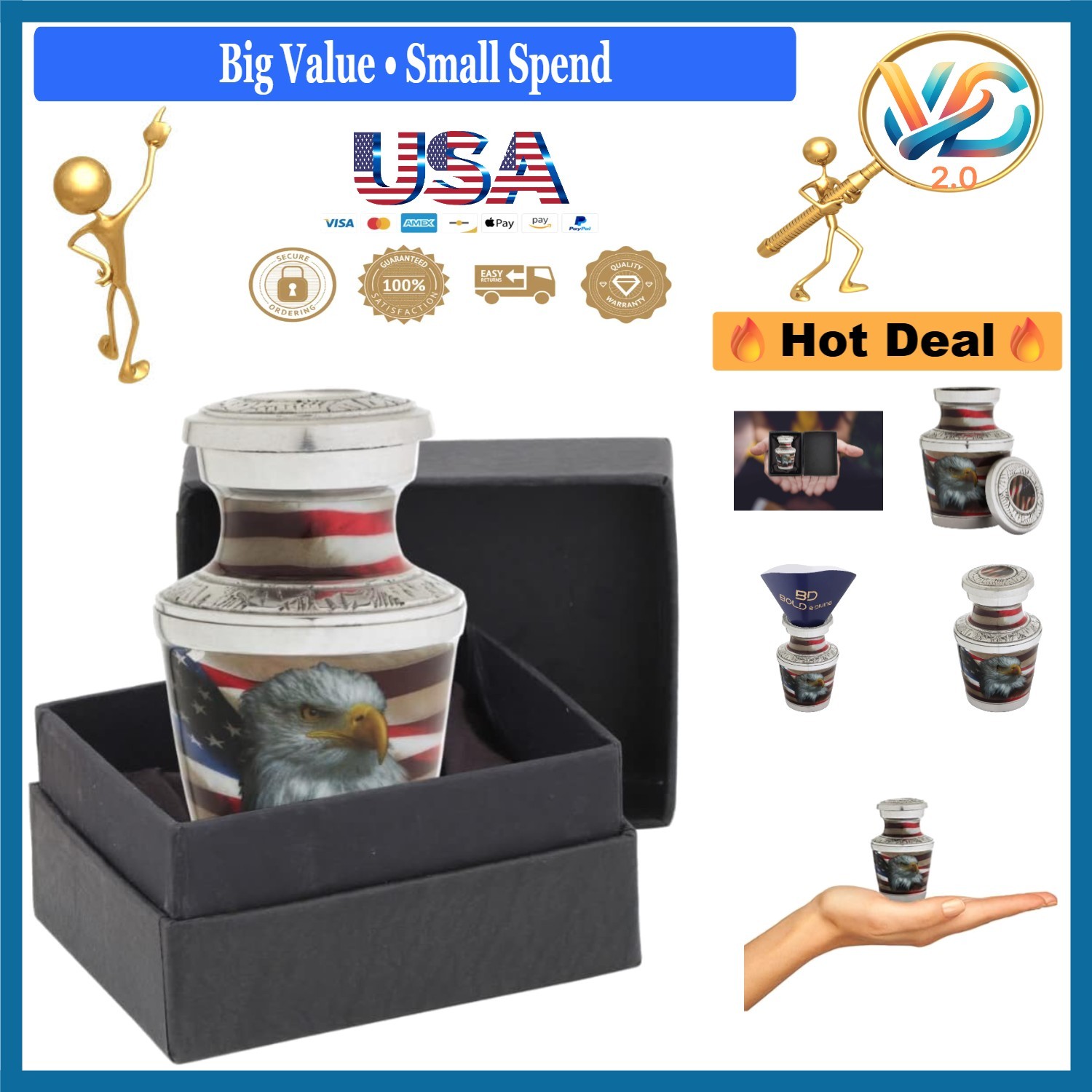 Small Aluminum Bald Eagle Urn with Flag Keepsake for Human or Pet Ashes - Pol...