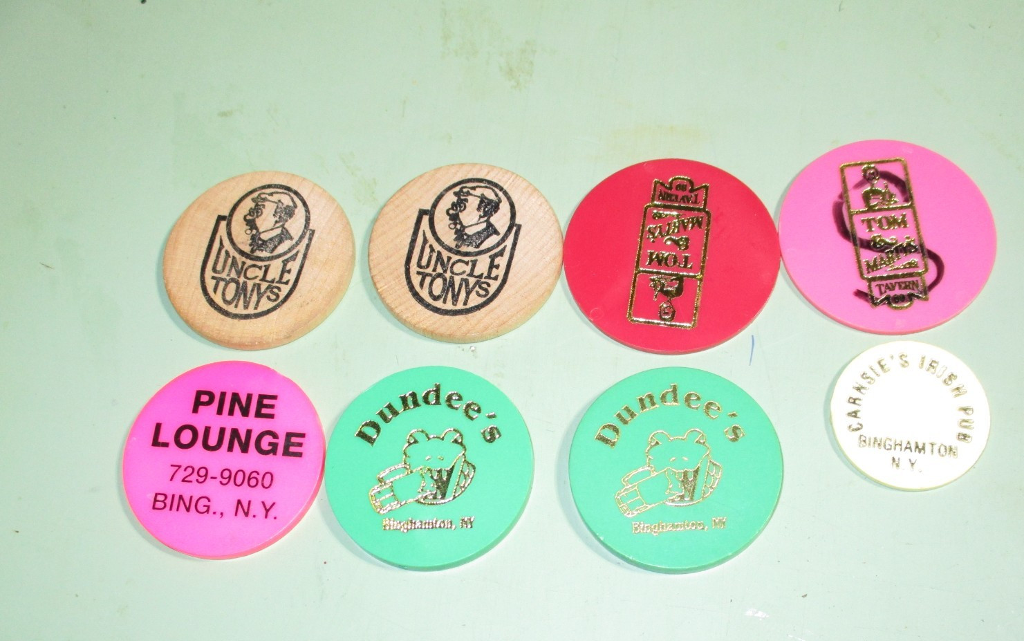 Vintage Lot of 8 Plastic and Wood Binghamton, NY and Drink Trade Tokens