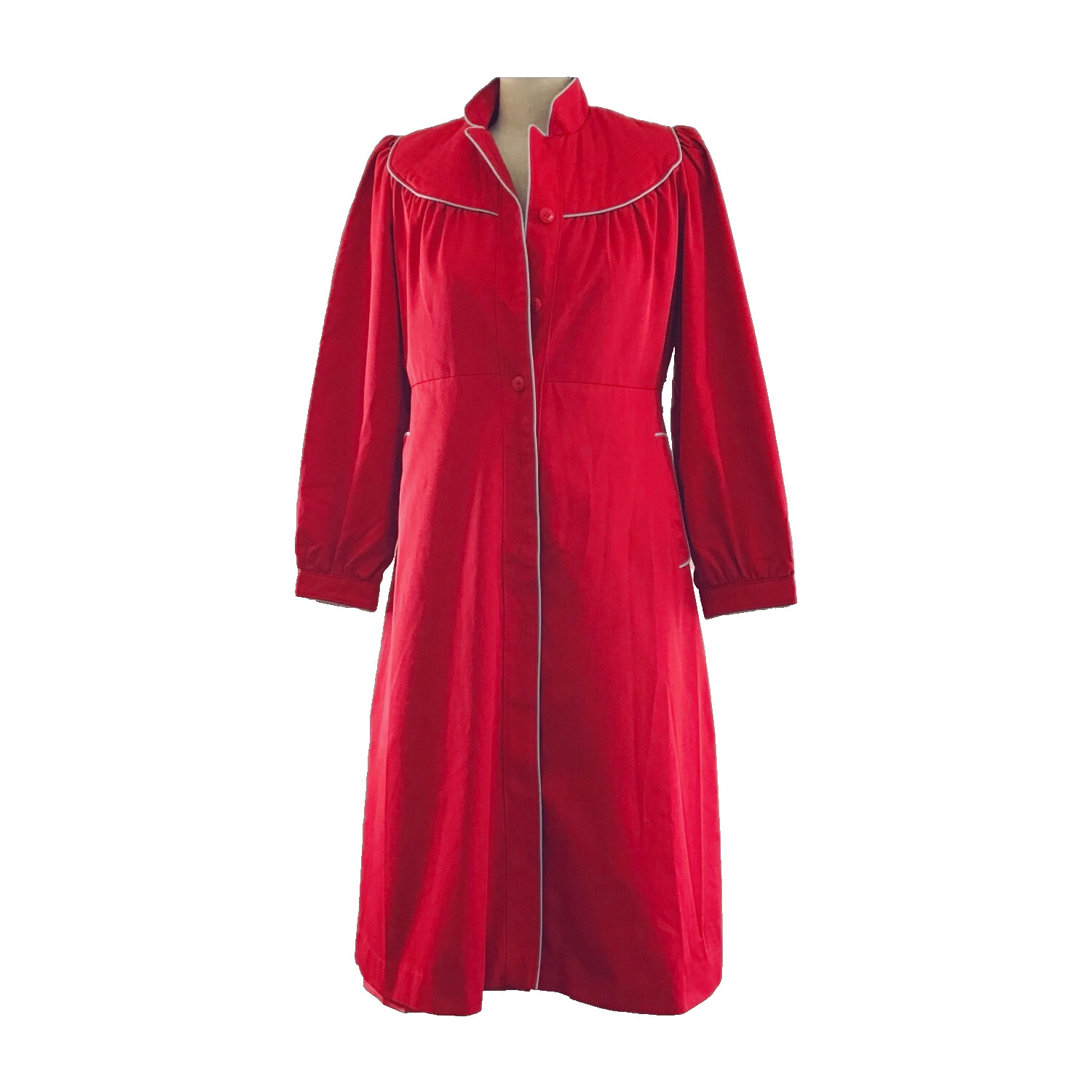 Vintage 70s Cotton Puff Sleeve A Line Collared Mid Length Trench Coat Women's XS