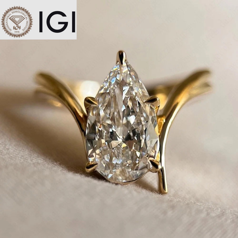 Solid 14K Yellow Gold IGI 2.00Ct Pear Cut Certified Lab Grown Diamond Women Ring