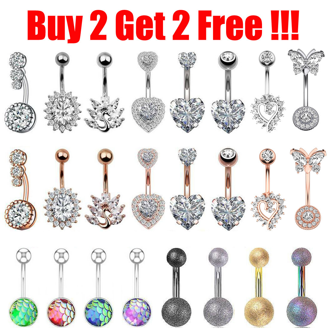 14G CZ Gems Belly Button Rings Surgical Steel Navel Ring Bar Body Piercing - One