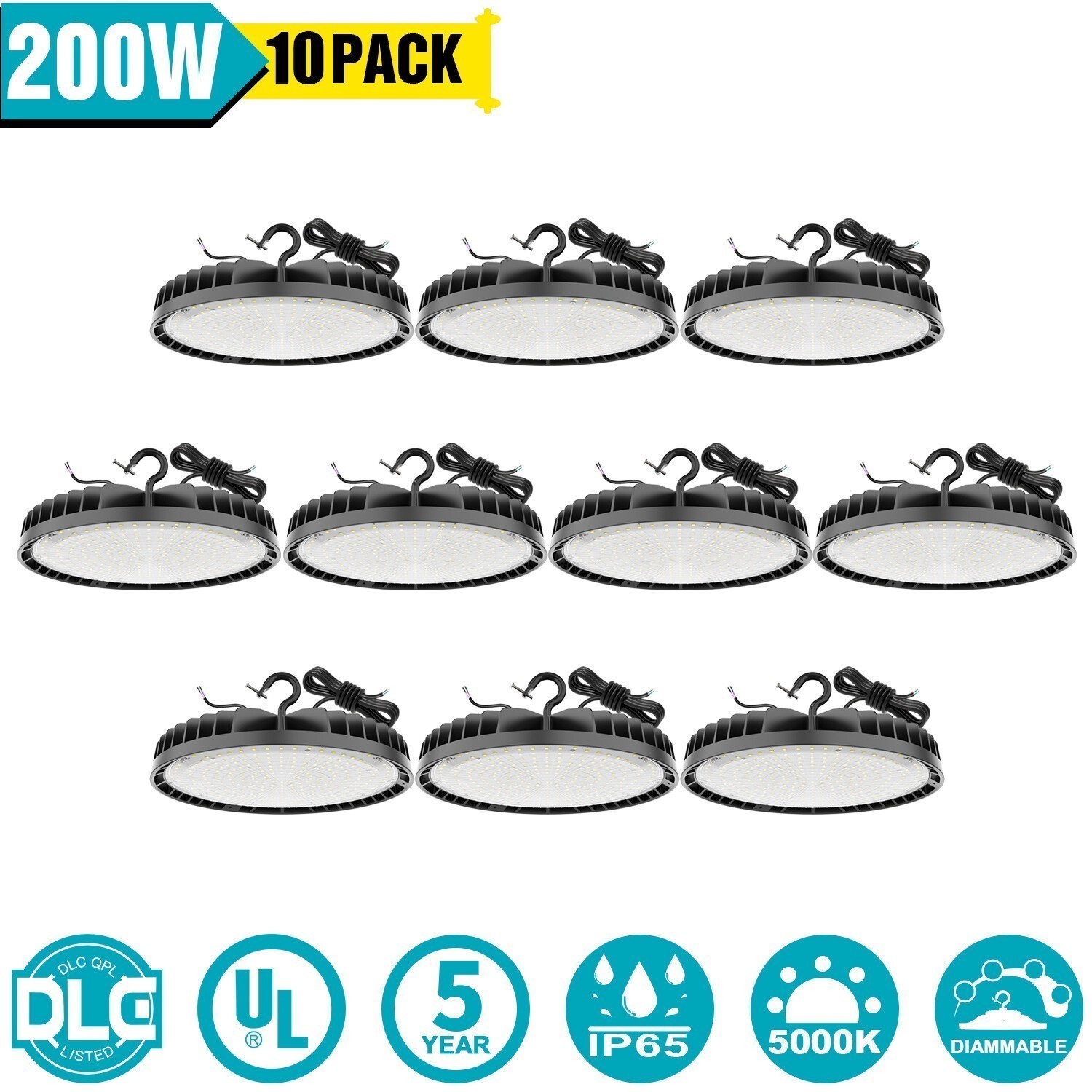 10 Pack LED High Bay Light 150W UFO Warehouse Industrial Garage Lighting Fixture