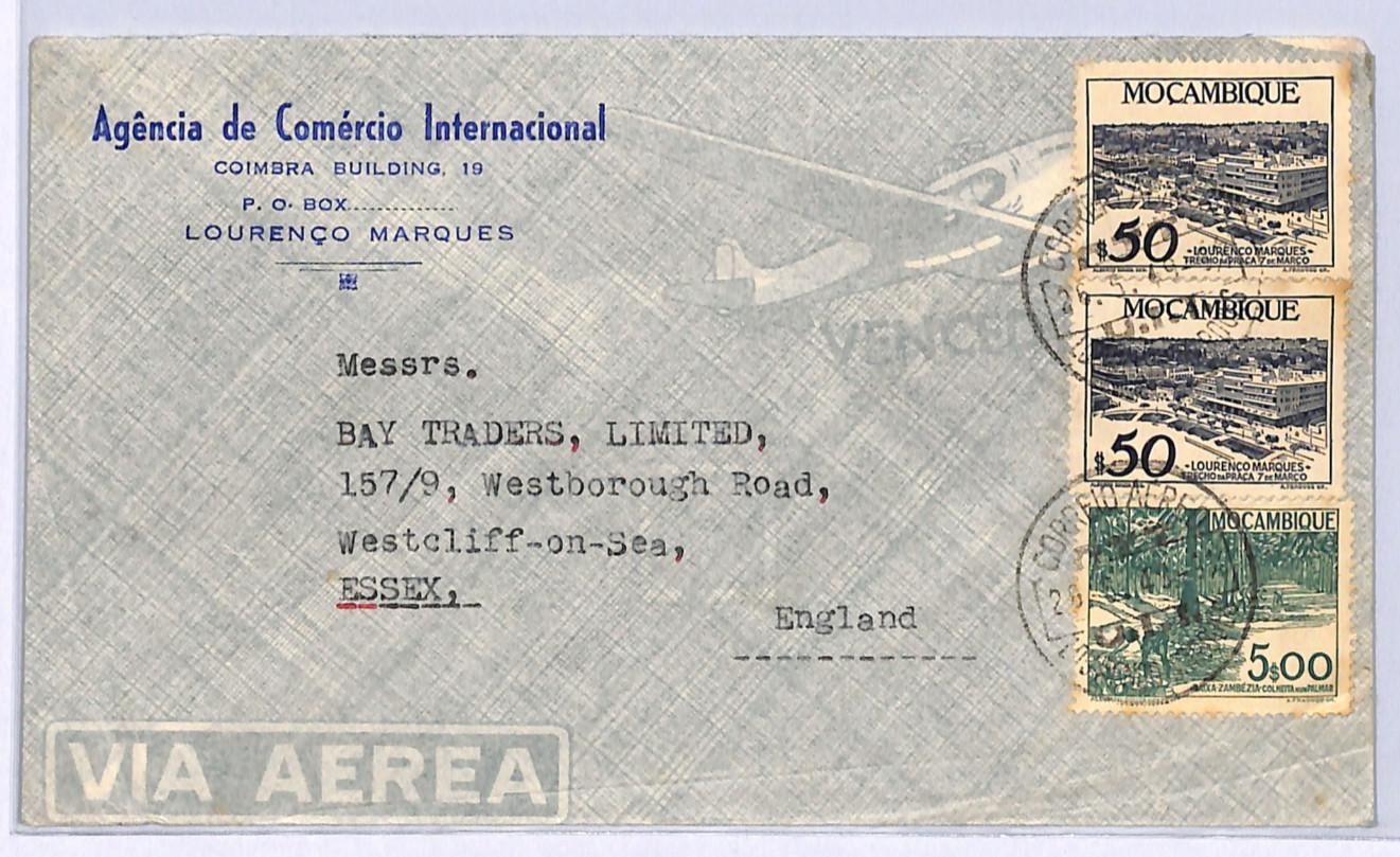 MOZAMBIQUE Air Mail Cover Lourenco Marques GB Westcliff 1949 Portugal Col WB222