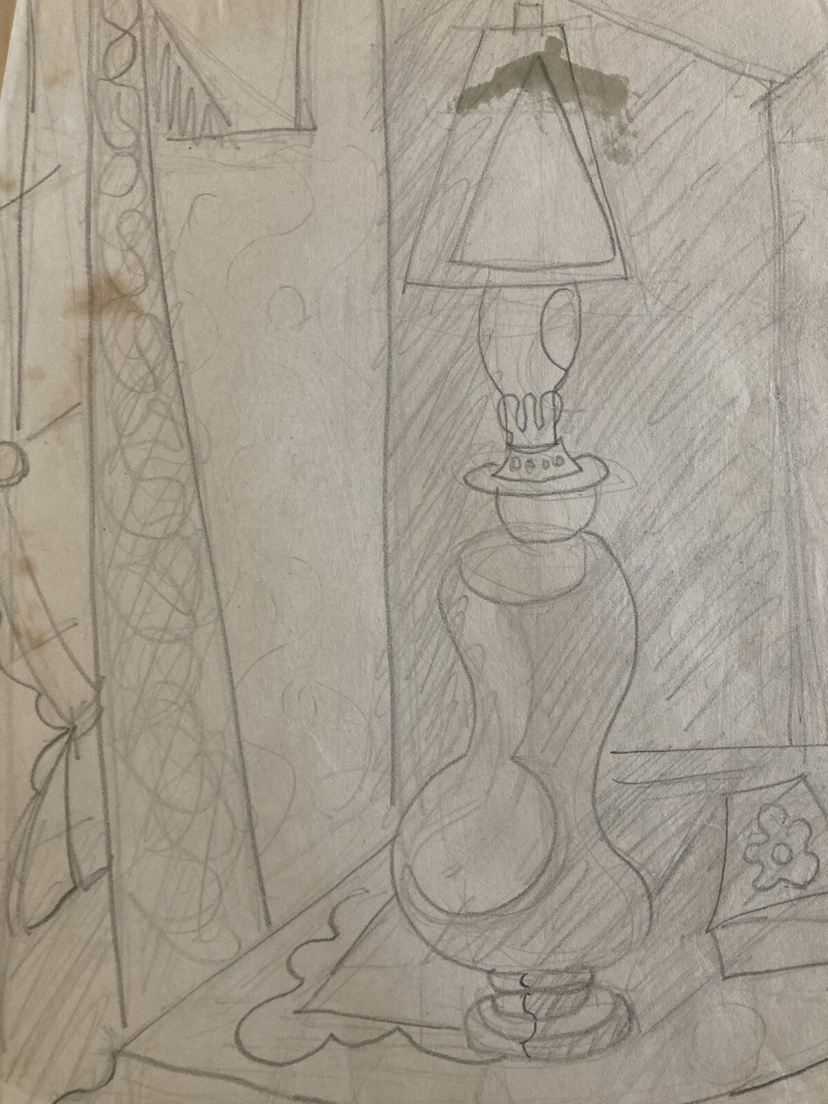 Drawing Art Antique Cubist Still Life At Lamp Elizabeth Ronget Cubism 1950