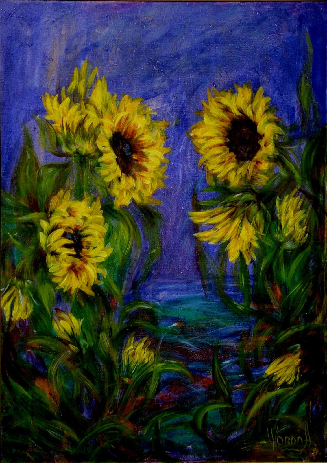 Anastasia Woron: Mysterious Sunflowers - Original Signed Oil (50x64 Cm.) 2004