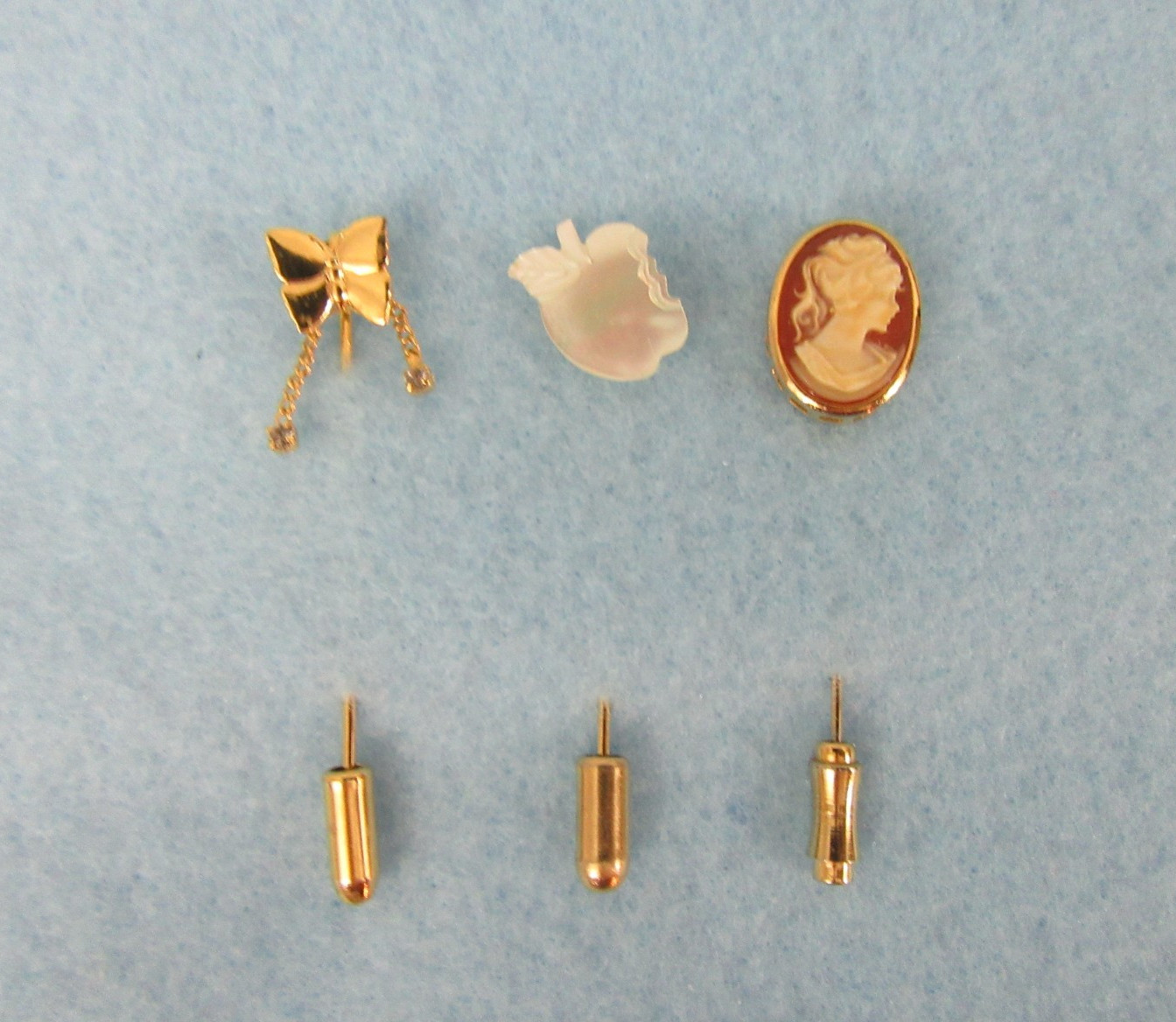 Vintage Gold Tone Stick Lapel Pins - Butterfly, Pearl Apple, Carved Shell Cameo