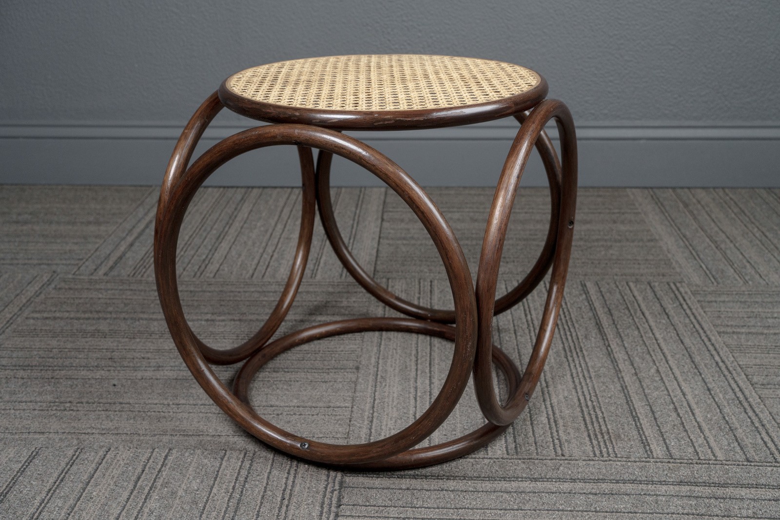 Mid Century Modern Thonet Style Bentwood Hoop Cane Foot Stool Ottoman End Table