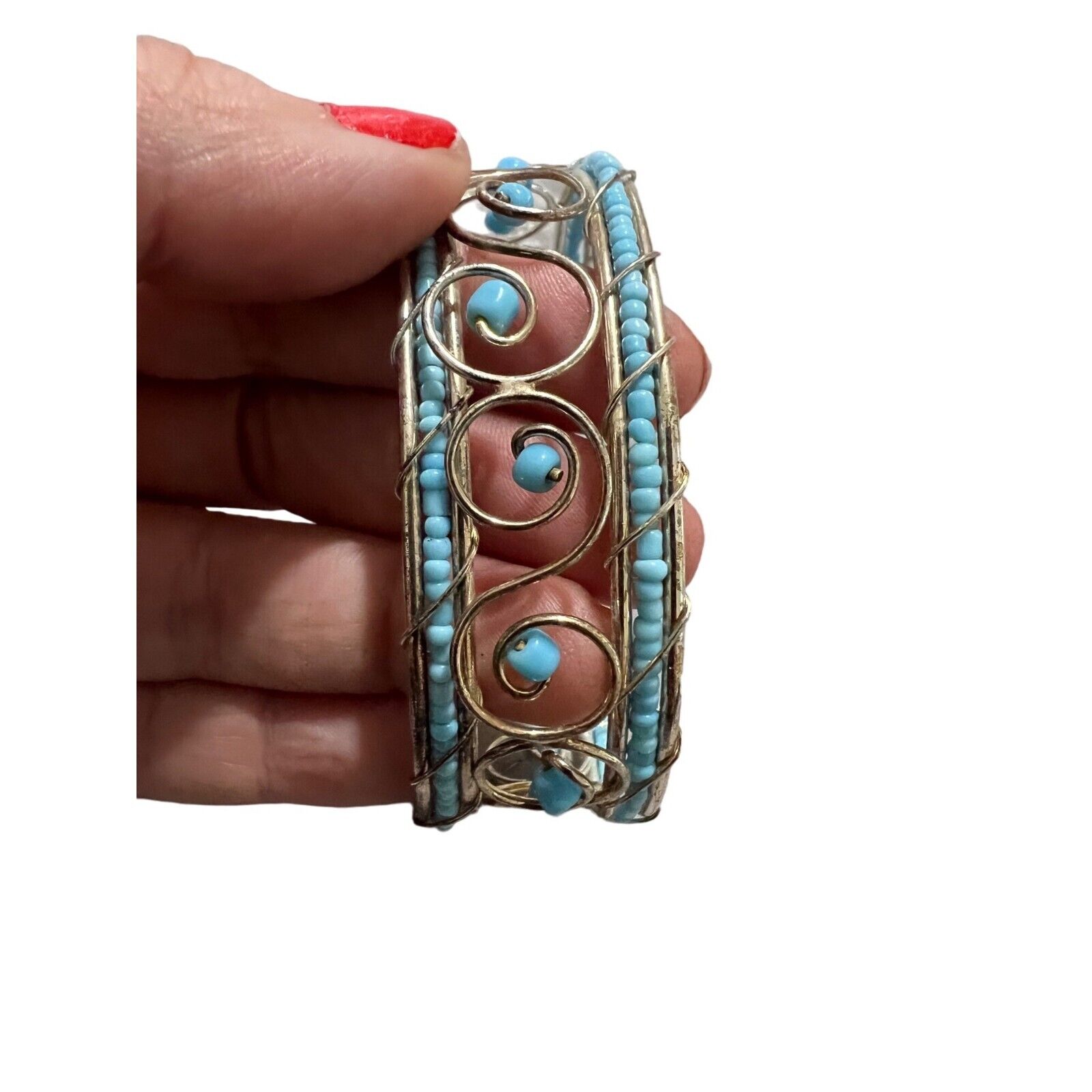 Handcrafted Turquoise & Silver Wire Wrapped Bracelet boho