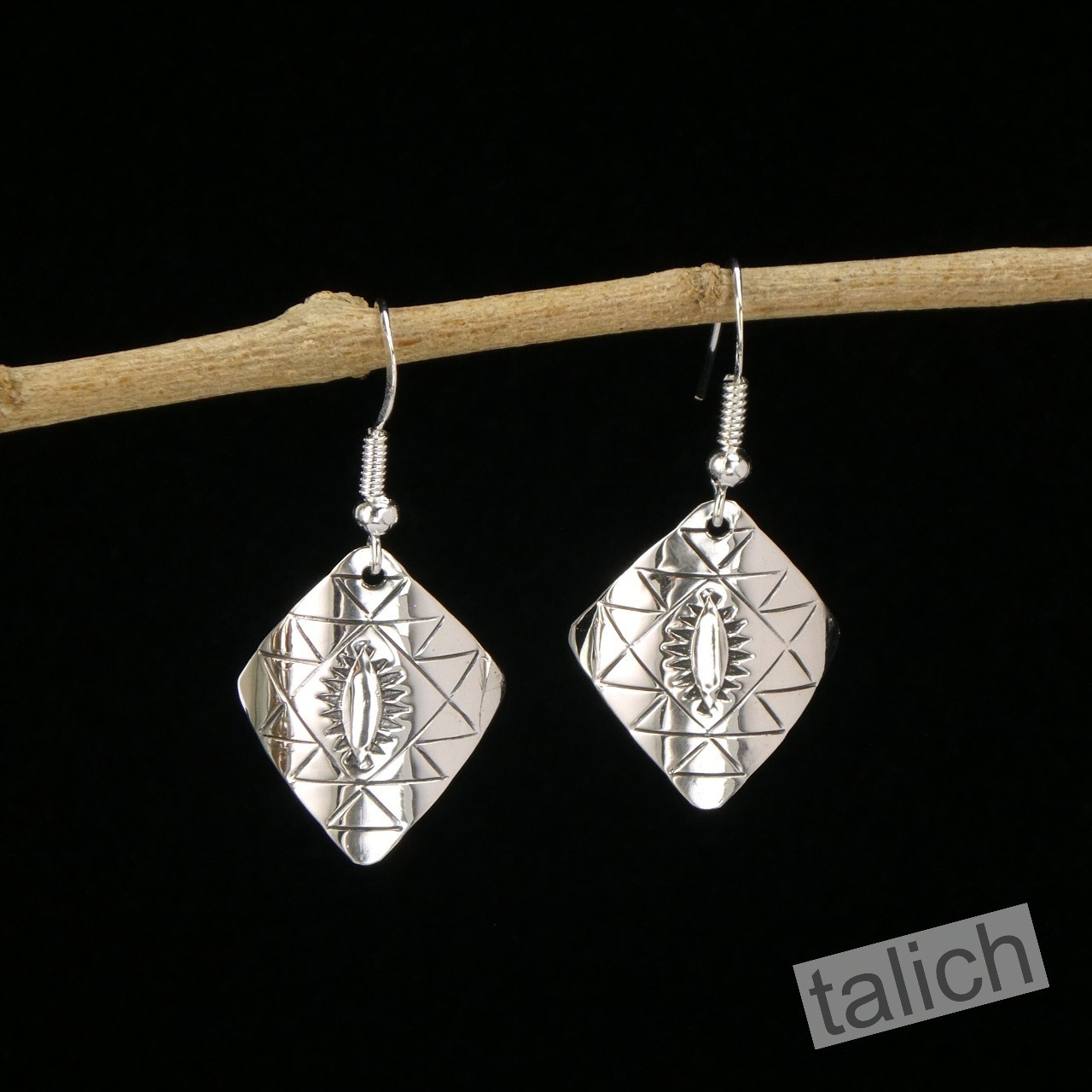 Native American Navajo Handmade Stamped Sterling Silver Curved Drop Earrings #6