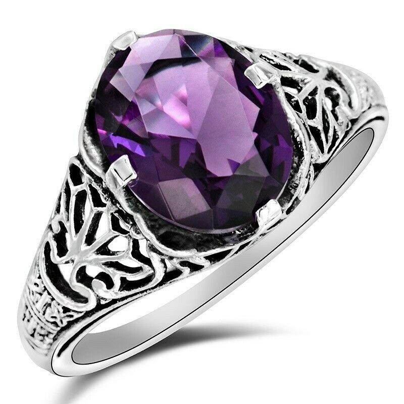 Natural 3CT Amethyst 925 Solid Sterling Silver Art Deco Ring Sz 7 XB3-6