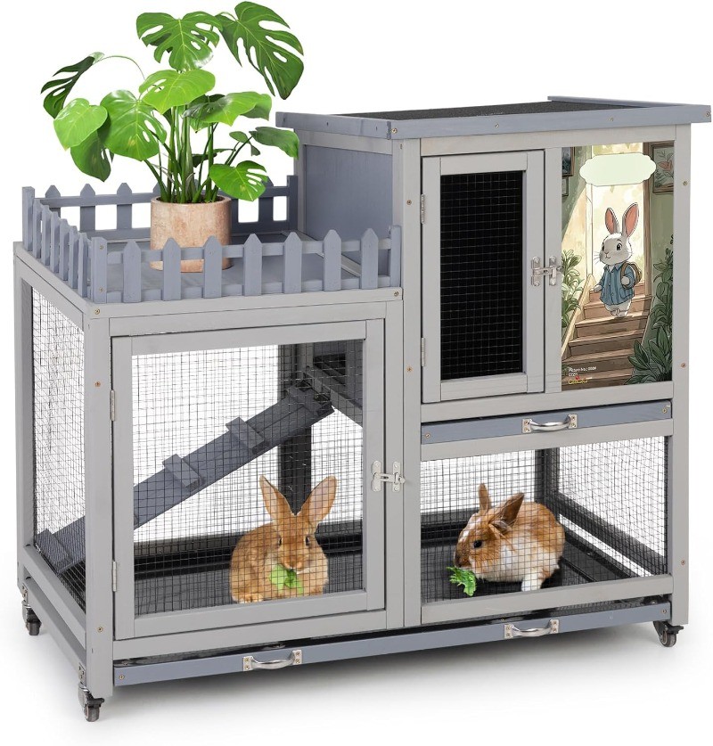 Wood Rabbit Hutch with Balcony Small Animal House Bunny Cage on Wheels